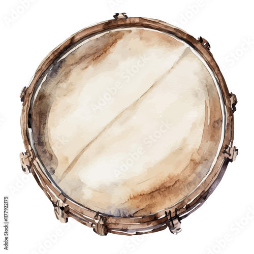 A watercolor painting of a timpani drumhead, isolated on a white background. Musical accessory vector.
