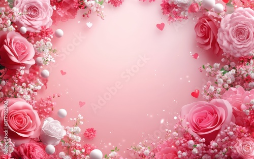 Delicate pink roses and shimmering white pearls embrace a lovely heart-shaped frame in a romantic display.