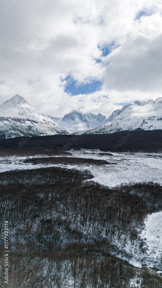 Aerial View of Snow-Capped Mountains and Forested Valley in Ushuaia