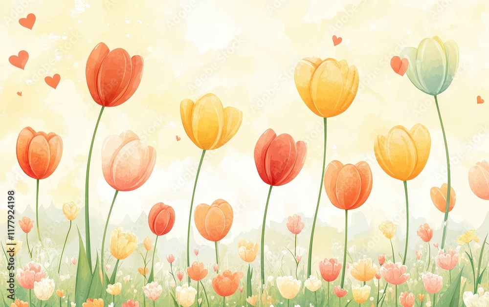 Fototapeta premium A vibrant field of tulips blooms, adorned with floating hearts, celebrating love's beauty this Valentine's Day.