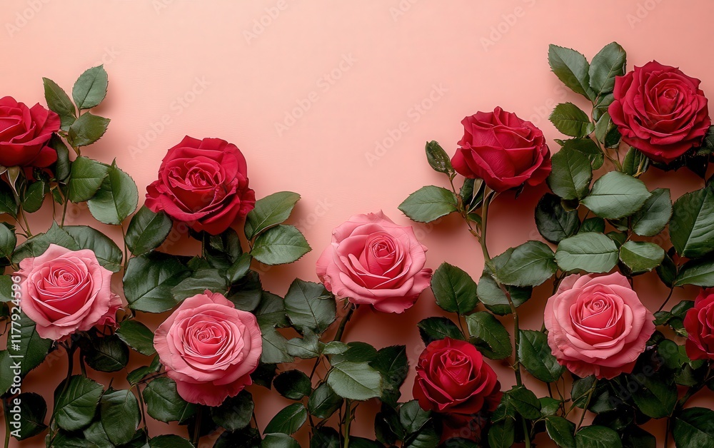 Obraz premium A vibrant wall adorned with lush green leaves and a cascade of blooming roses, celebrating love's beauty.