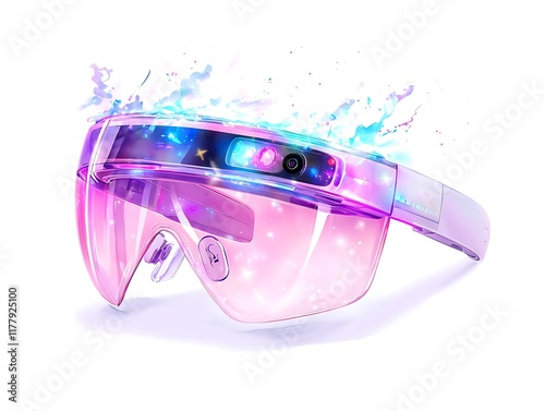 Futuristic pink augmented reality glasses with water splash effect, isolated on white background. photo