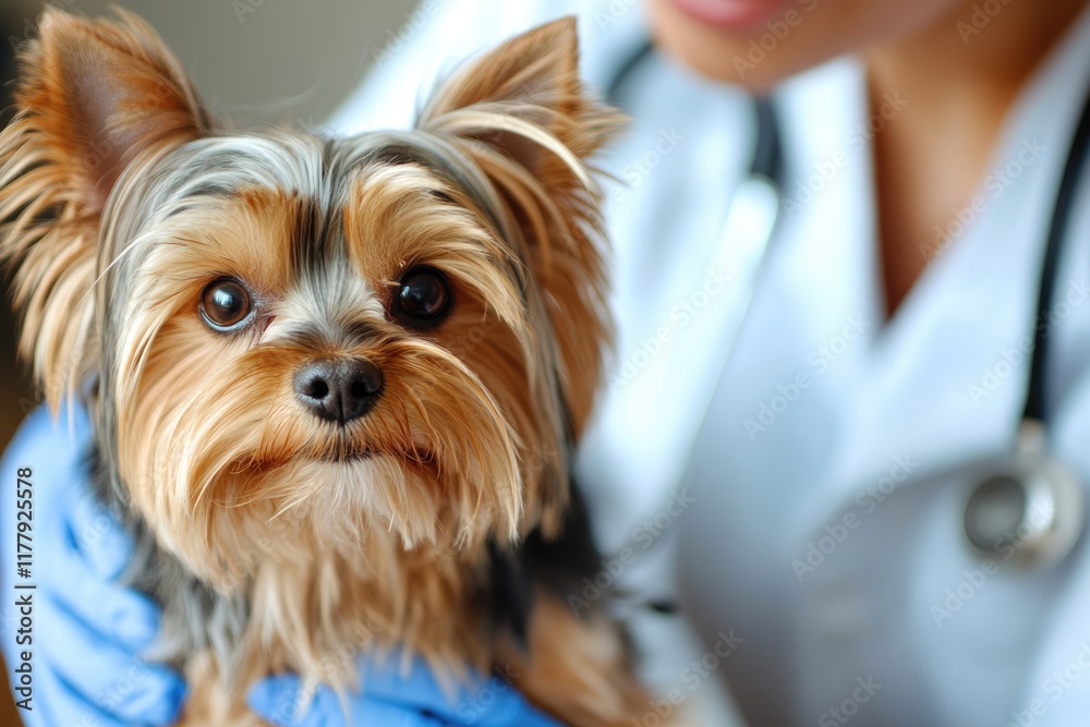 Veterinarian and assistant examine Yorkshire Terrier at clinic. Veterinarian and assistant examine Yorkshire Terrier at clinic.