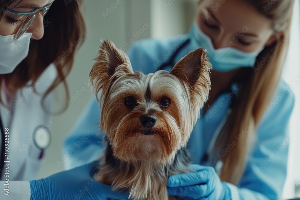 Veterinarian and assistant examine Yorkshire Terrier at clinic.