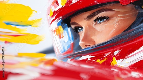 Close-up portrait of a woman's face wearing a red racing helmet, artistic paint strokes in the background. photo