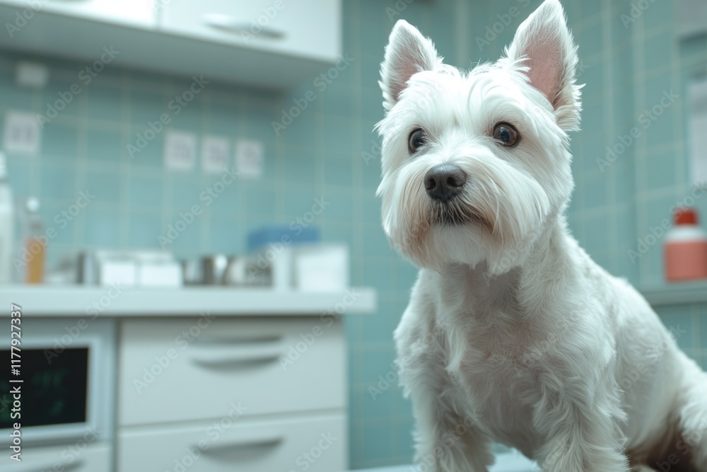 West high white terrier waiting for examination at the vet clinic. West high white terrier waiting for examination at the vet clinic.