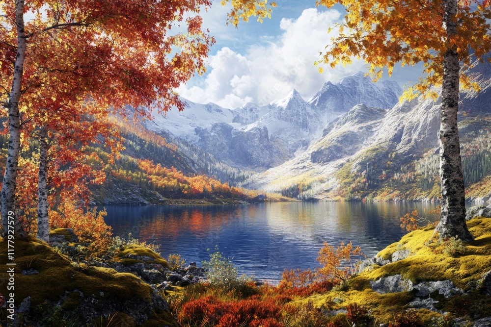Obraz premium Mountain lake in autumn tundra, multicolored trees and moss