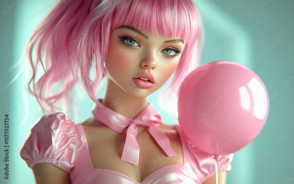 Fototapeta premium A whimsical scene of a woman with pink hair joyfully clutching a vibrant pink balloon on Valentine's Day.