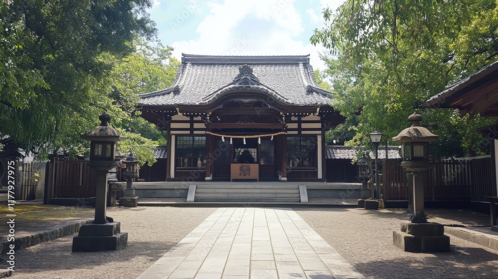 Serene Japanese shrine with traditional architecture, stone lanterns, and lush greenery. Serene Japanese shrine with traditional architecture, stone lanterns, and lush greenery.