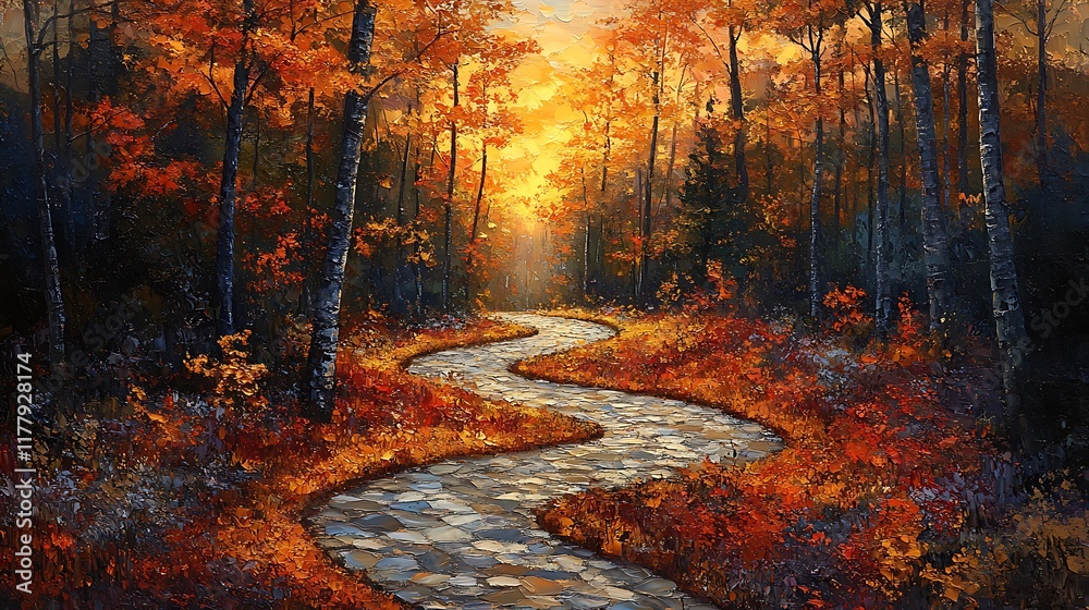 Golden Autumn Forest Path Highlighting Tranquil Landscape in Stunning Vibrant Background Golden Autumn Forest Path Highlighting Tranquil Landscape in Stunning Vibrant Background