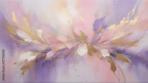 Ethereal pastel swirl with golden accents abstarct background.