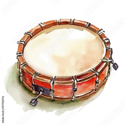 A watercolor painting of a tambourine skin, isolated on a white background. Musical instrument accessory vector.
