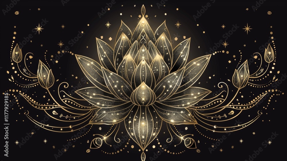 Fototapeta premium A stunning lotus flower illustration featuring intricate golden details and sparkling elements against a solid black background. This design evokes a sense of beauty and elegance in its simplicity.