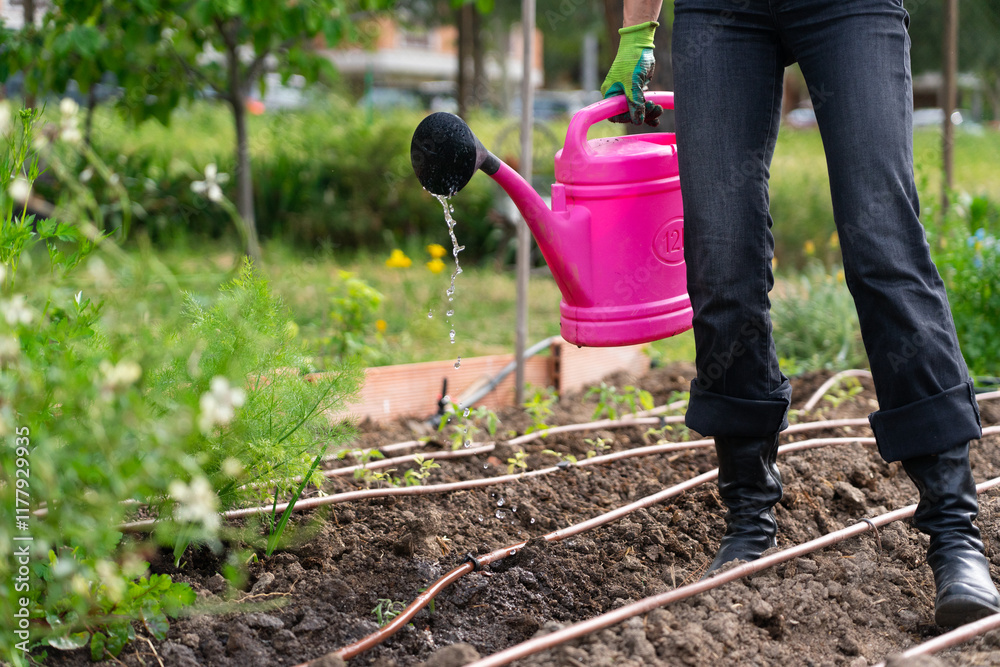 Fototapeta premium Farmer watering vegetable garden with pink watering can and drip irrigation system