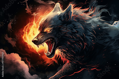 A fierce black wolf with bared sharp fangs. Surrounded by fire and darkness, it embodies the god of war, radiating strength and untamable rage. photo