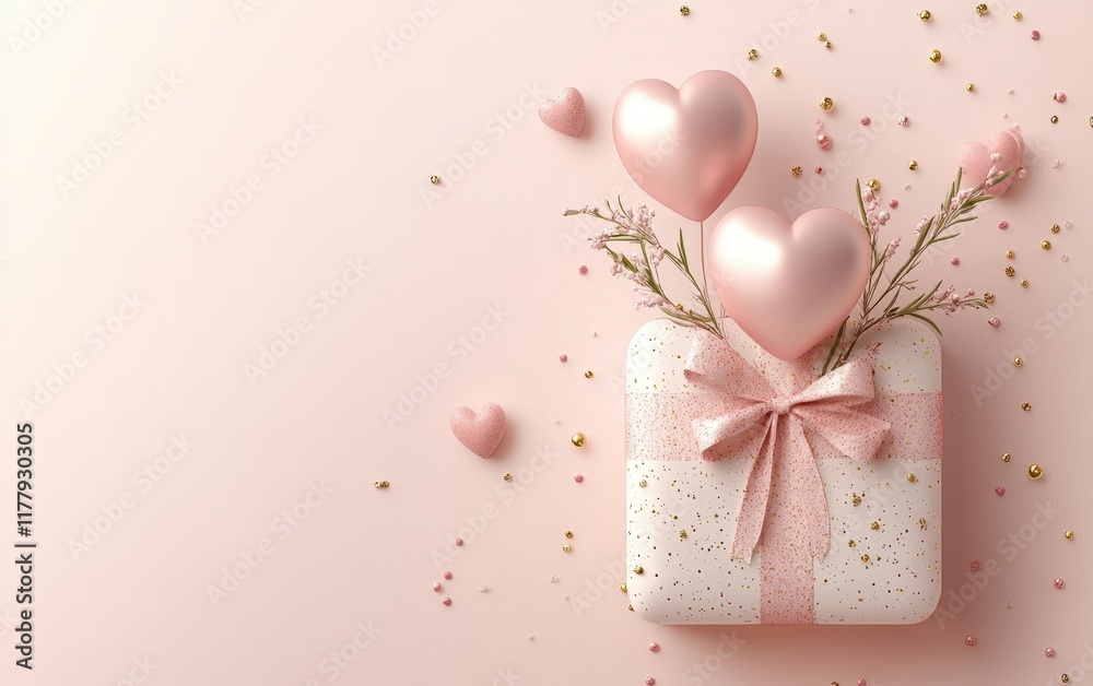 Two pink balloons float above a delightful white gift adorned with a charming bow, radiating love and joy. Two pink balloons float above a delightful white gift adorned with a charming bow, radiating love and joy.