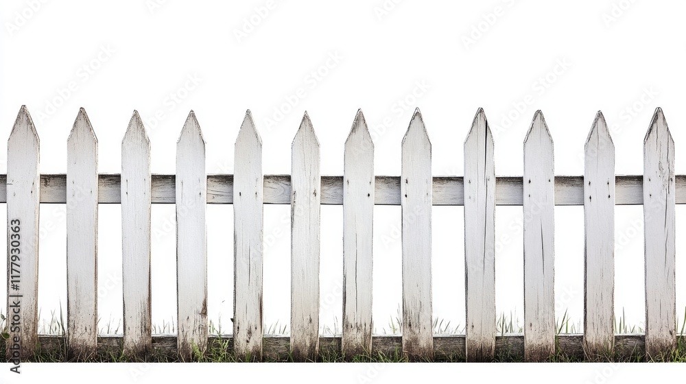 Obraz premium Aged White Wooden Fence with Grassy Base - Rustic Country Charm