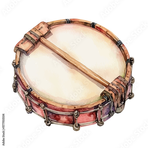 A watercolor painting of a tambourine skin, isolated on a white background. Musical instrument accessory vector.
