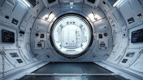 Fototapeta Naklejka Na Ścianę i Meble -  Futuristic spaceship corridor; sleek white walls, circular doorway, metallic floor.