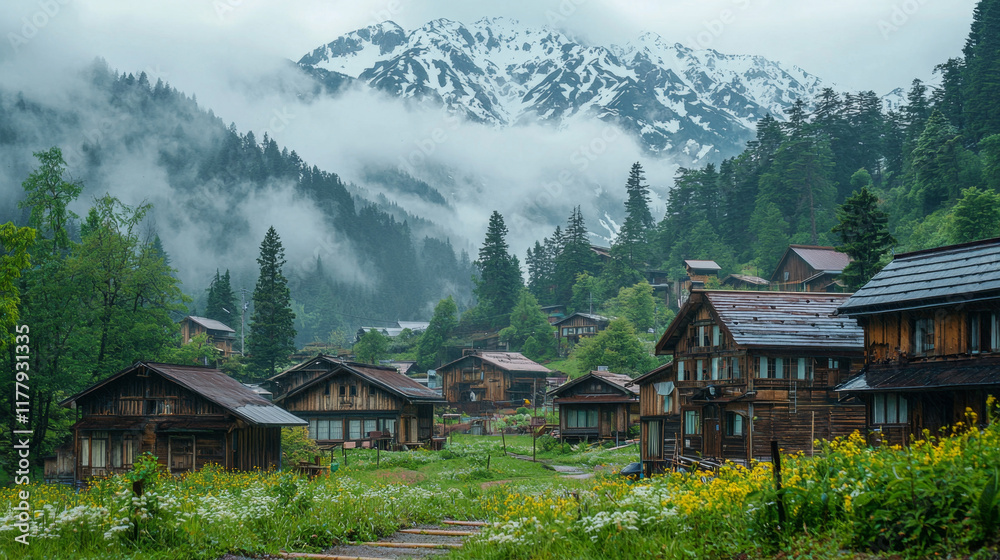 Misty mountain village: Wooden houses nestled in lush greenery, snow-capped peaks in the background. Misty mountain village: Wooden houses nestled in lush greenery, snow-capped peaks in the background.