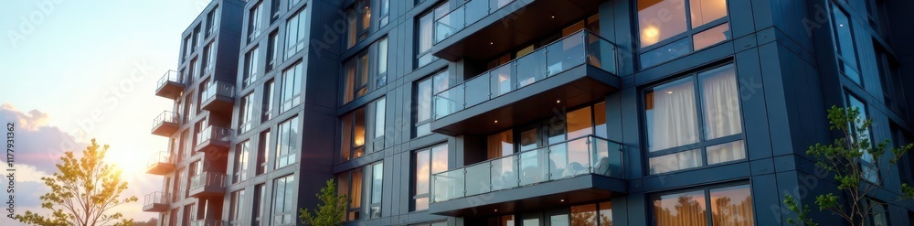 Fototapeta premium Modern apartment building facade with sleek glass and steel exterior, architecture, contemporary design