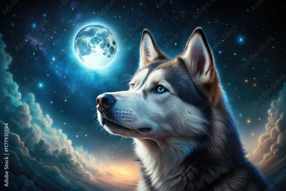 Naklejka premium A majestic Siberian Husky gazes upward at a full moon and starry night sky.