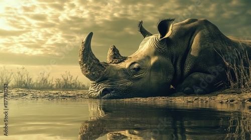 Majestic Rhino at Sunset: A Serene African Moment photo