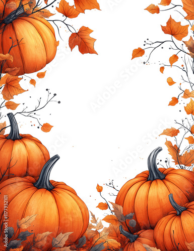 Autumnal Pumpkin Frame: An enchanting autumnal frame featuring plump pumpkins nestled amidst vibrant leaves,  perfect for adding a touch of seasonal charm to your designs.  