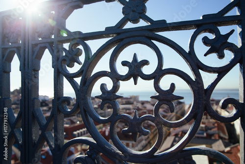 An elegant fence ornament overlooking a coastal cityscape