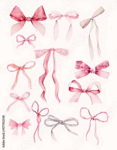 Wallpaper Mural Watercolor Bow Collection – A delicate set of hand-painted bows in soft pink and neutral tones, perfect for invitations, packaging, stationery, weddings, and creative artistic projects. Torontodigital.ca