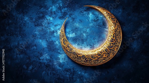Golden crescent moon with Arabic calligraphy on textured blue night sky background.
