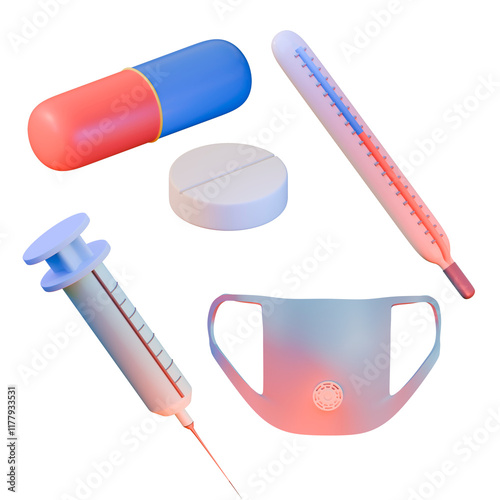a set of icons on a medical topic syringe, thermometer, mask, pills. Render 3D illustration. The concept of vaccination, pandemic, and viral infection