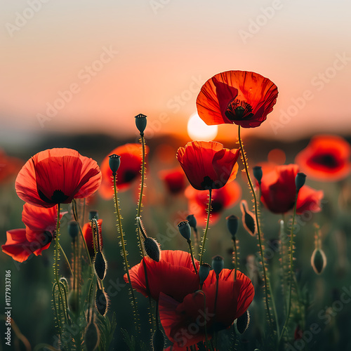Close up of free poppy flowers in the field
