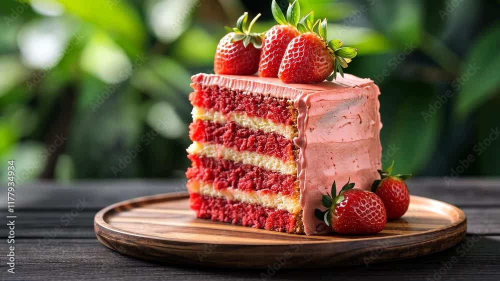 Delicious strawberry layered cake served on a wooden plate with fresh strawberries on top in a natural setting