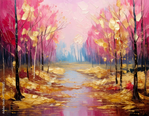 Pink gold forest autumn in the park, watercolor trees painting landscape wall art	vector