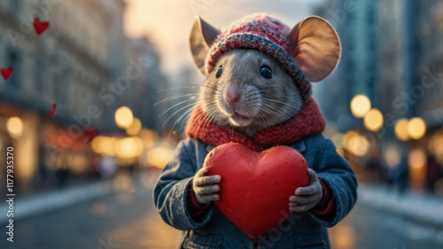 Fototapeta Naklejka Na Ścianę i Meble -  Cute mouse in cozy sweater holds a heart-shaped gift on a romantic evening in the city streets