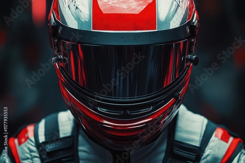 a focused male racer clad in a sleek racing suit and helmet exudes determination against a stark black background embodying the thrill and intensity of highspeed motorsport