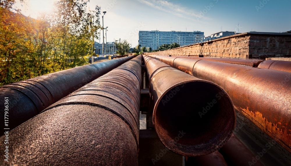 Large rusty pipes stretch towards a building under a sunny sky. Large rusty pipes stretch towards a building under a sunny sky.