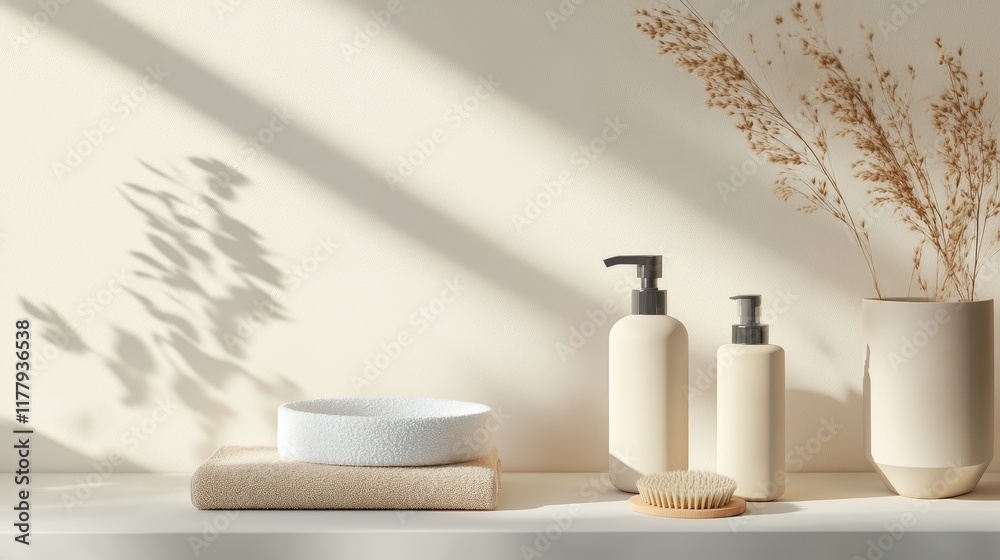 A serene display of skincare products and natural elements on a minimalist shelf. A serene display of skincare products and natural elements on a minimalist shelf.
