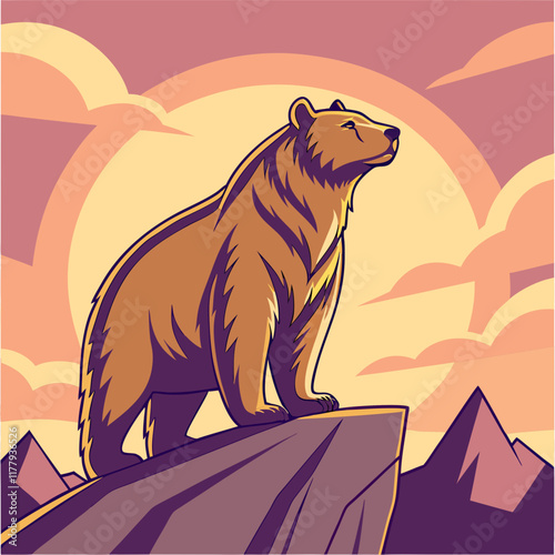 Majestic brown bear standing on a rocky cliff, surrounded by a dramatic wilderness landscape.