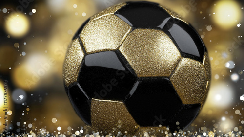 Black and gold soccer ball, festive sports theme