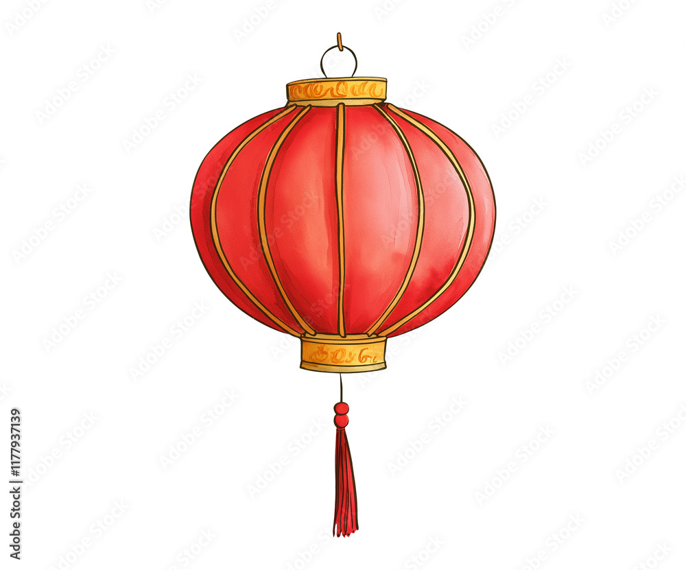 Obraz premium Chinese New Year decor, bohemian style Chinese lantern PNG, digital art, vibrant red and gold, isolated on white background