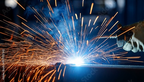 Sparks fly as a welder works on metal.