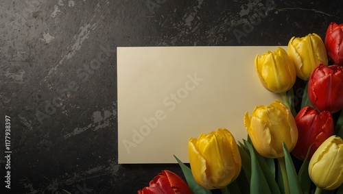 Beautiful card with yellow and red tulips for congratulation invitation or banner