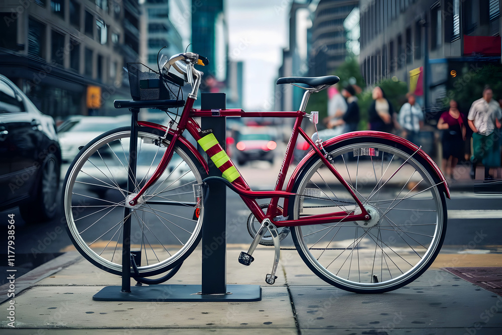 Fototapeta premium Bicycle secured on a parking in a city.