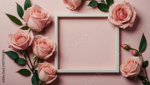Beautiful flowers composition. Blank frame for text, pink rose flowers on pastel pink background