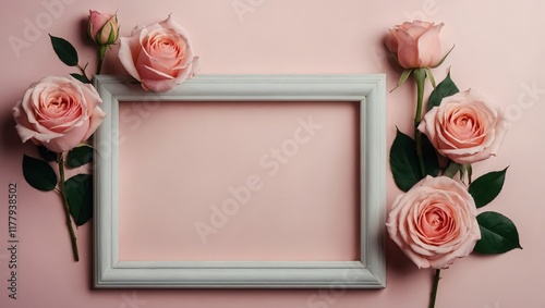 Beautiful flowers composition. Blank frame for text, pink rose flowers on pastel pink background