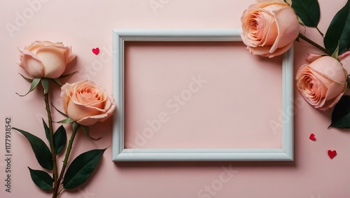 Beautiful flowers composition. Blank frame for text, pink rose flowers on pastel pink background