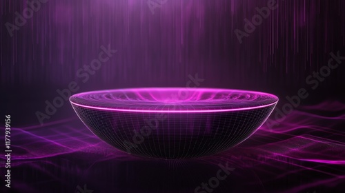A futuristic elliptical purple 3D podium with glowing neon pink lines