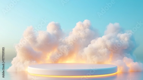 A cloud-shaped 3D podium with a soft white texture, glowing faintly under golden light